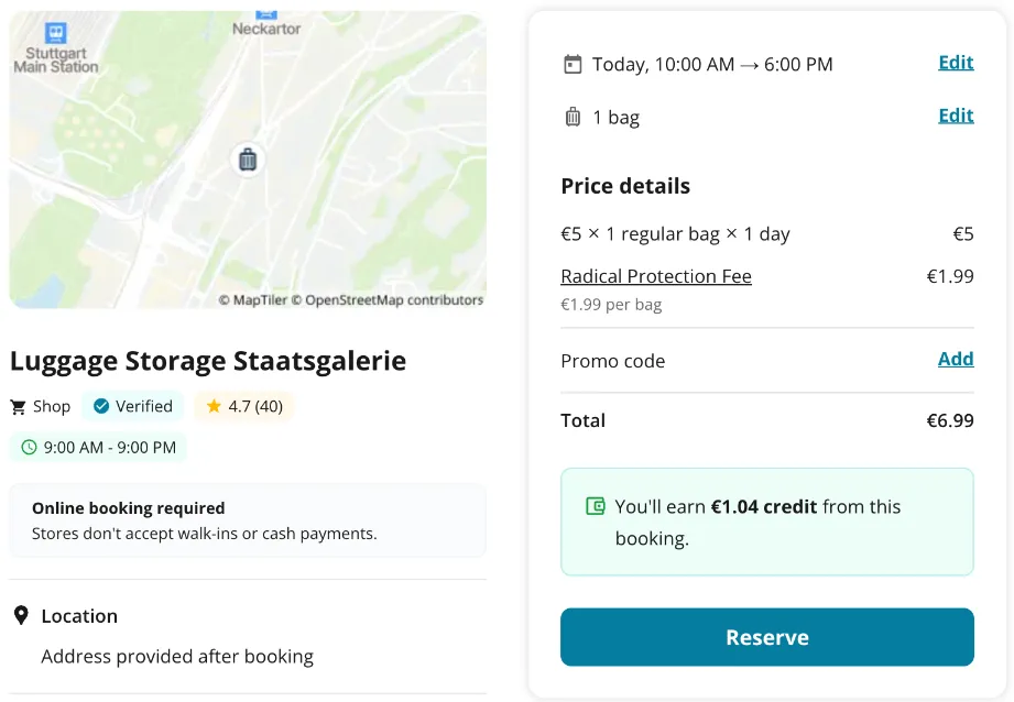 Radical-Storage-Checkout an der Staatsgalerie: 5 € für einen Koffer plus 1,99 € Radical Protection Fee, gesamt 6,99 €