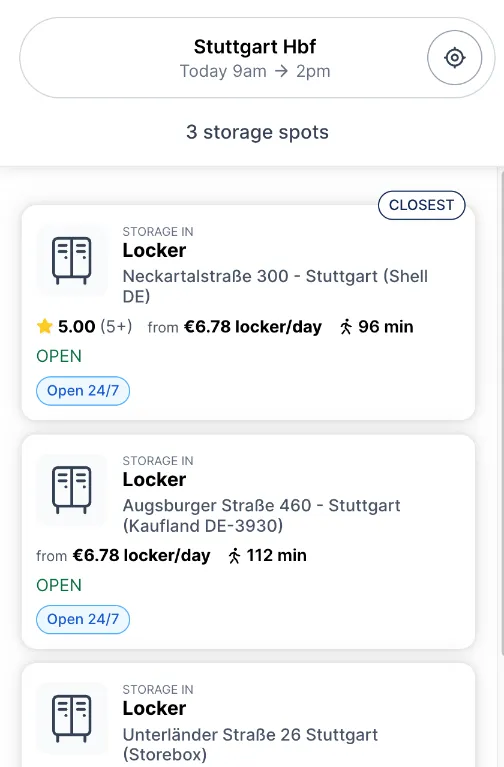 Stasher-Suche am Stuttgarter Hauptbahnhof: drei Automaten an Tankstelle, Kaufland und Storebox, 96 bis 112 Minuten zu Fuß